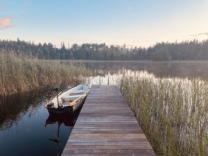 Smålandstorpets brygga med en båt och omgivande vass, en perfekt plats för en rofylld stund vid vattnet.